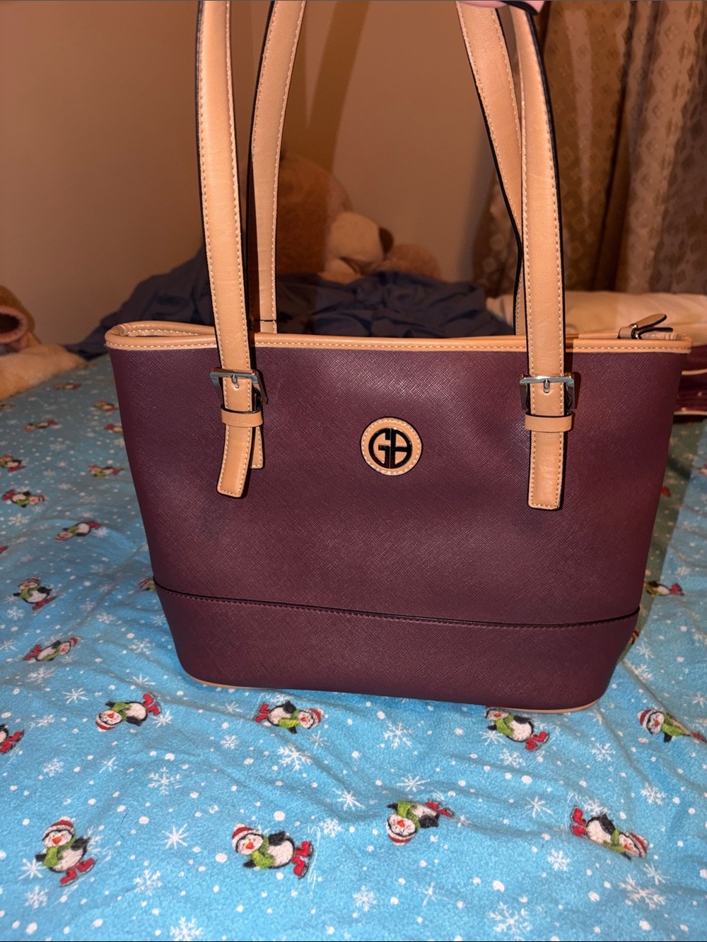 Structured Burgundy Tote with Tan Accents by Unknown Brand